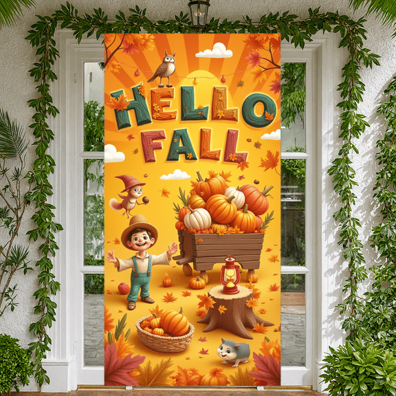 Autumn Theme Hello Fall Banner Thanksgiving Decor Maple Leaves Decoration Squirrel Pumpkin for Seasonal Celebration Outdoor Decor Indoor Decor