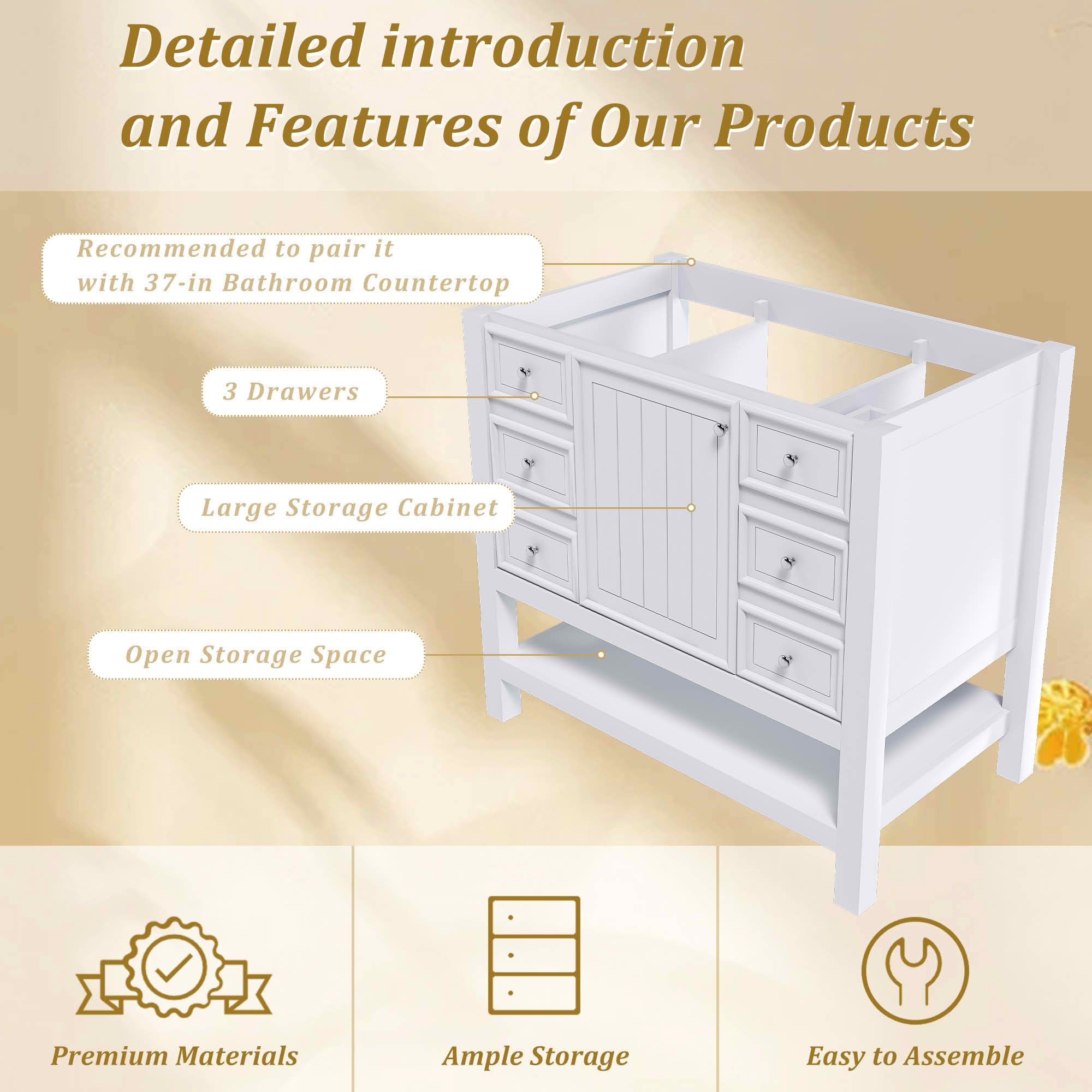 MAYEERTY 36" Bathroom Vanity without Sink 1 Cabinet 3 Drawers Solid Wood Frame MDF White
