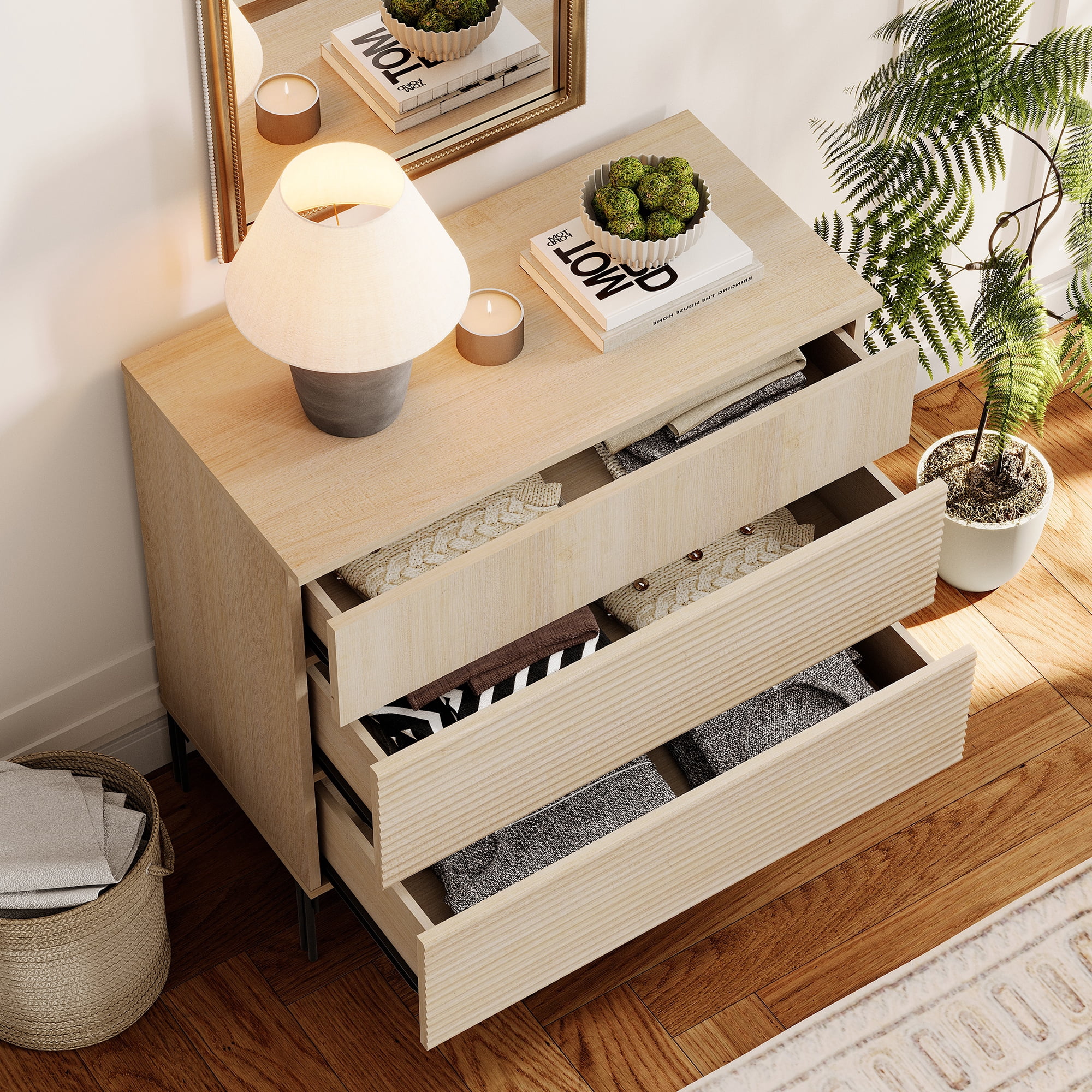 WAMPAT 31.5" Modern TV Stand for TVs up to 45 Inch, Fluted Wood Media Console with 3 Drawers, Push-to-Open Storage Cabinet for Living Room