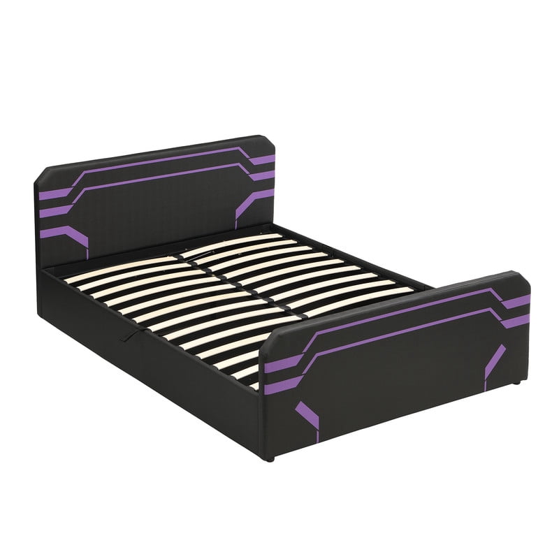 Queen Size PU Leather Gaming Bed Frame with Hydraulic Storage, Cyberpunk Style Platform Bed with Futuristic Pattern Headboard