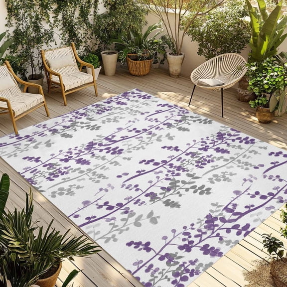 Purple Grey Botanical Outdoor Rug for Patio/Deck/Porch, Non-Slip Large Area Rug 4 x 6 Ft, Spring Floral Summer Farmhouse Indoor Outdoor Rugs Washable Area Rugs, Reversible Camping Rug Carpet Runner