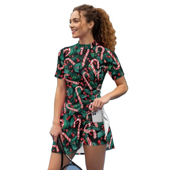Chririnla Christmas Tennis Dress with Separate Shorts for Women 2 Piece Sets Workout Golf Outfits Zip Up Golf Tennis Dress Workout Active Sundress with Candy Cane Print