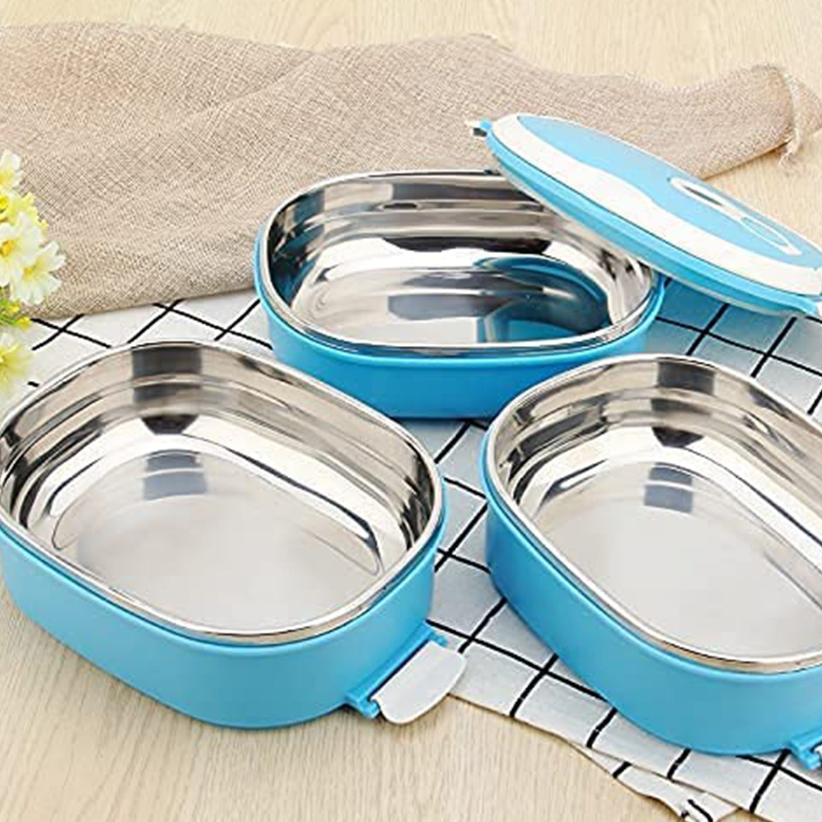 Ioaoai Bento Box 1 Set Meal Preservation Leak-Proof Useful Stainless Steel Liner Lunch Box Utensil Set, Size: 21, Blue
