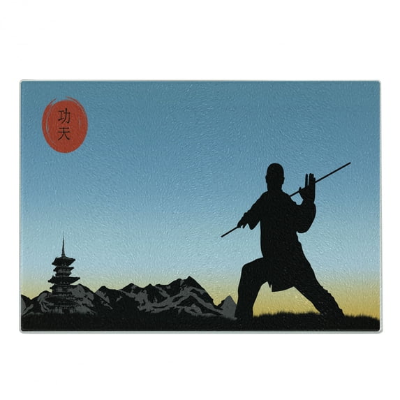 Kung Fu Cutting Board, Man Silhouette Demonstrates Technique of Karate, Decorative Tempered Glass Cutting and Serving Board, in 3 Sizes, by Ambesonne