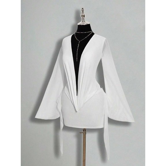 White Oversized Plunging V-Neck Mini Dress With Bell Sleeves And Twist Front Detail