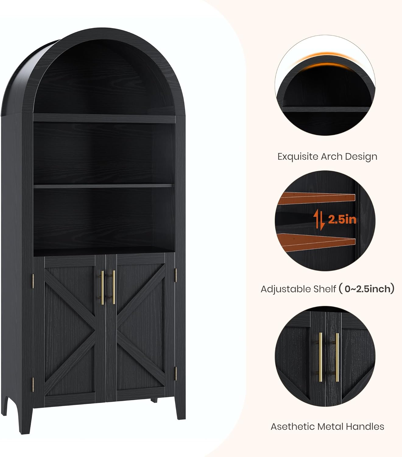 BouPower Arched Pantry Cabinet with Open Display Shelf,Kitchen Cabinet with Doors,Versatile Cupboard for Kitchen Dining Room