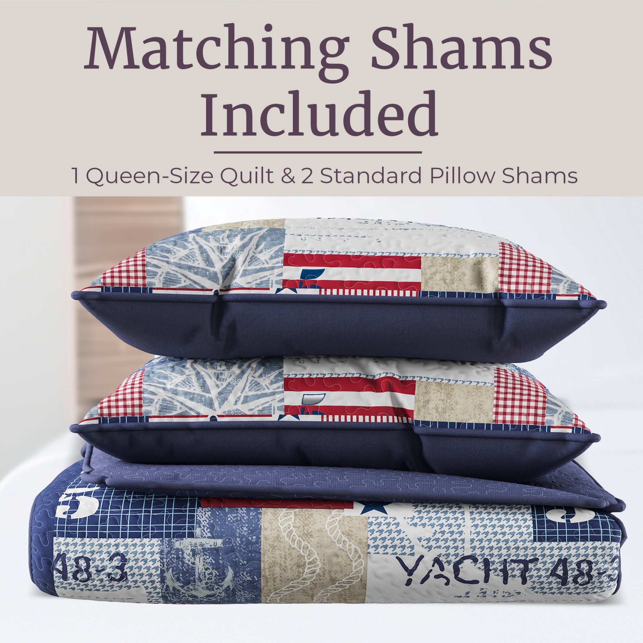 Lavish Home 3-Piece Quilt Set - Full/Queen Nautical Blanket and Shams