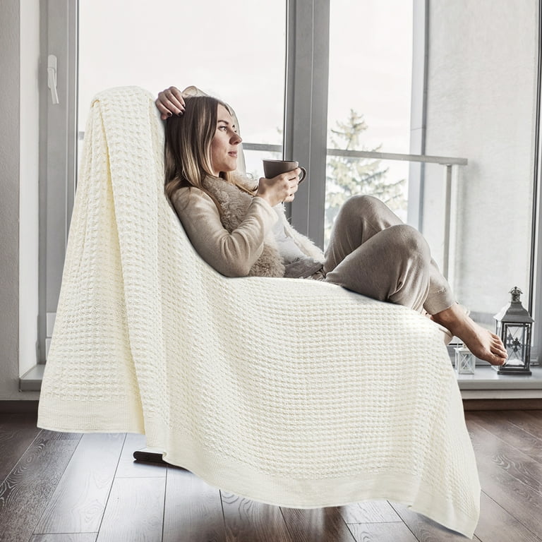 100% Cotton Waffle Woven Soft Knit Throw Blanket for Bed Couch