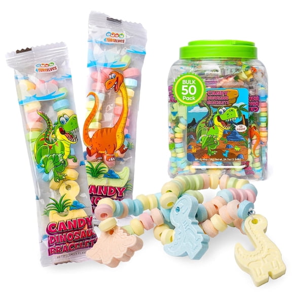 50 Dinosaur Candy Bracelets with Dinosaur Pendants, Dino-lover Candy Jewelry, Ideal for Dino Party Favors and Goodie Bags, Bulk Pack by 4YoreElves