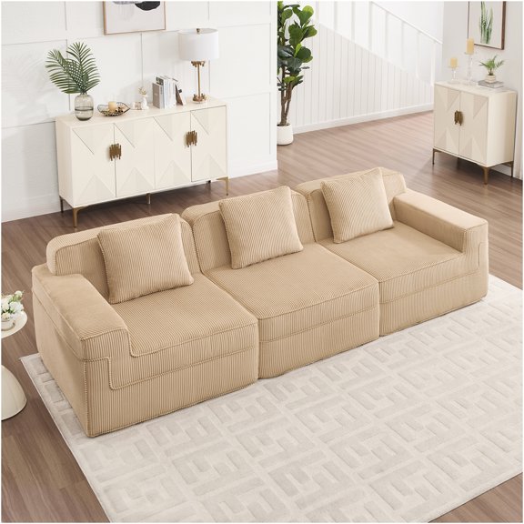 JERFIT 3-Seater Modular Sofa with Pillows, Ultra Soft Corduroy Cloud Couch, No Assembly Deep Seated Sectional for Living Room, Camel