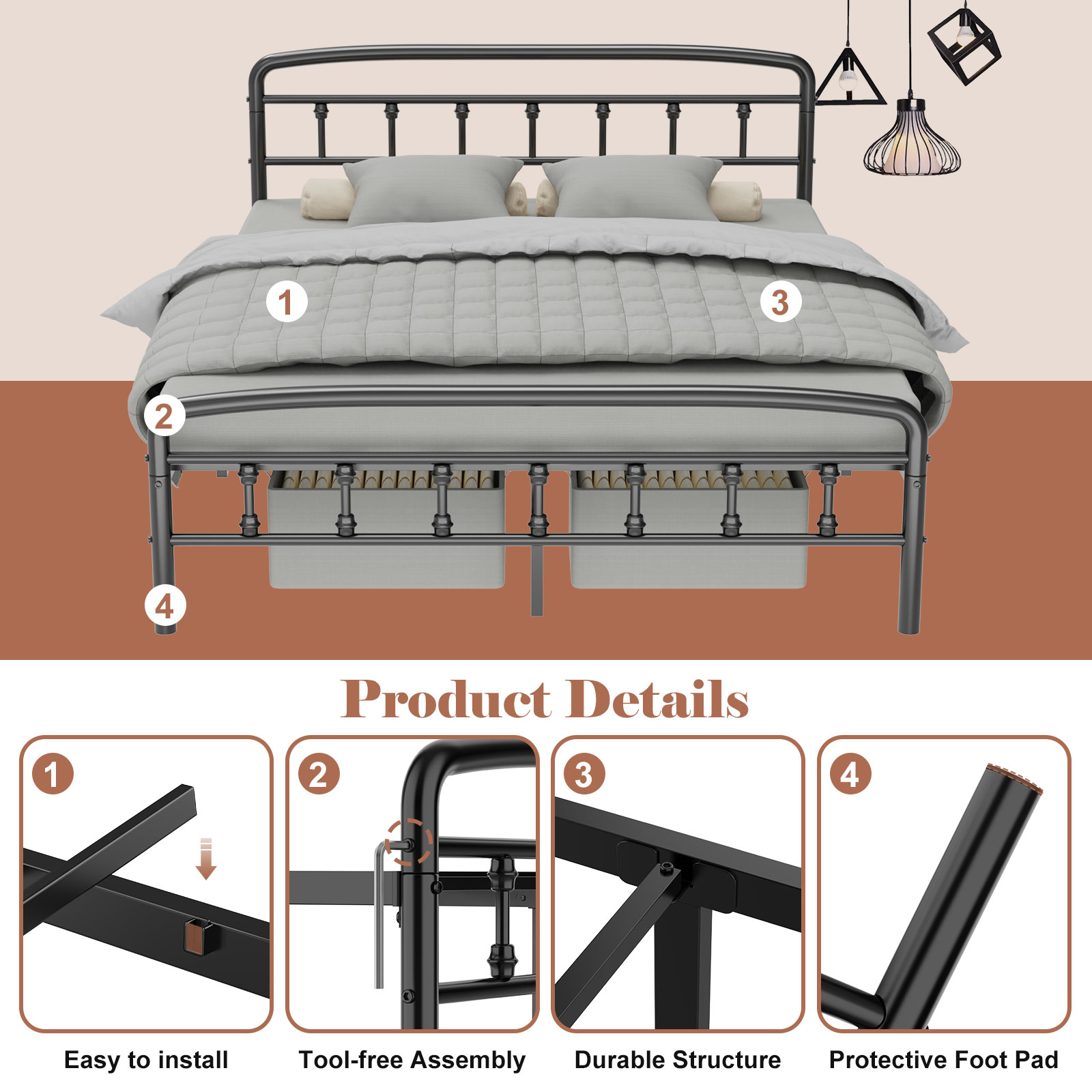 Queen Bed Frame with Headboard,Victorian Style Headboard and Footboard, No Squeak, Heavy Duty 1500lbs Support, Easy 30-Min Tool-Free Assembly, No Box Spring Needed/Underbed Storage