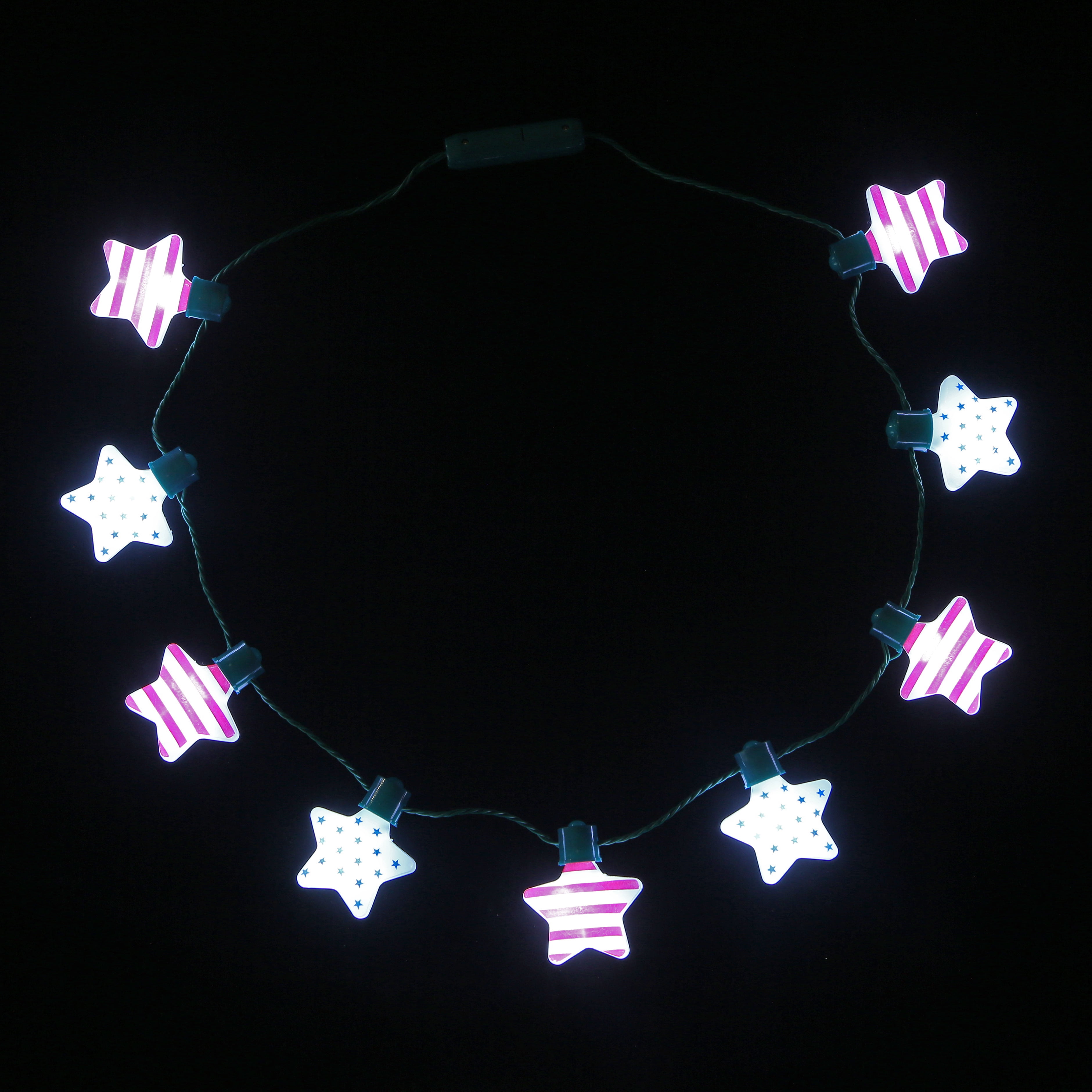 Red White Blue Patriotic Stars Light Up Necklace 3 Light Modes July 4th 