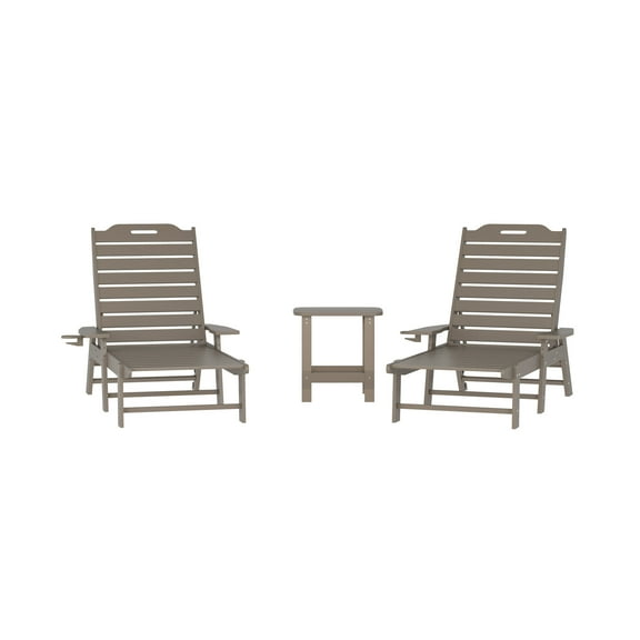 Merrick Lane 3-Piece Adirondack Chairs/Table Set for Indoor/Outdoor Use with 2 Adjustable Lounge Chairs with Cup Holders and Side Table with Shelf in Brown