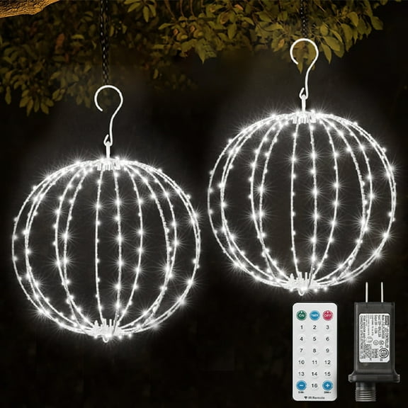 2 Pack 12INCH Outdoor/Indoor LED Christmas Light Ball,Foldable Metal Sphere Lights, Connectable Waterproof 16 Modes with Timer, Hanging Tree Globe Lights for Holiday Christmas Decorations (White)