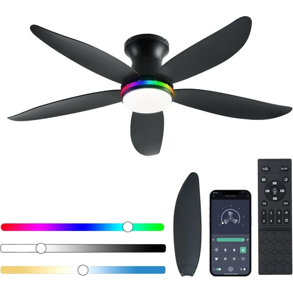 Ceiling Fan with Light, 48" RGB Low Profile Ceiling Fans with Lights and Remote Control, Dimmable, DC Reversible Motor, Noiseless, 6 Speeds Flush Mount Black Ceiling Fan for Bedroom