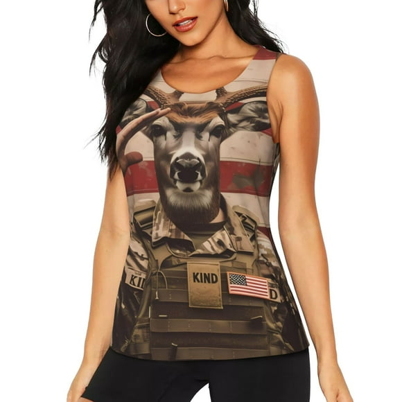Fotbe Patriotic Deer Soldier Salute Blusas Sin Mangas para Mujer – Estilo Casual, Corte Suelto, Slim-Fit, Cuello Redondo Deportivo, Tops de Verano para Gimnasio y Yoga-X-Large