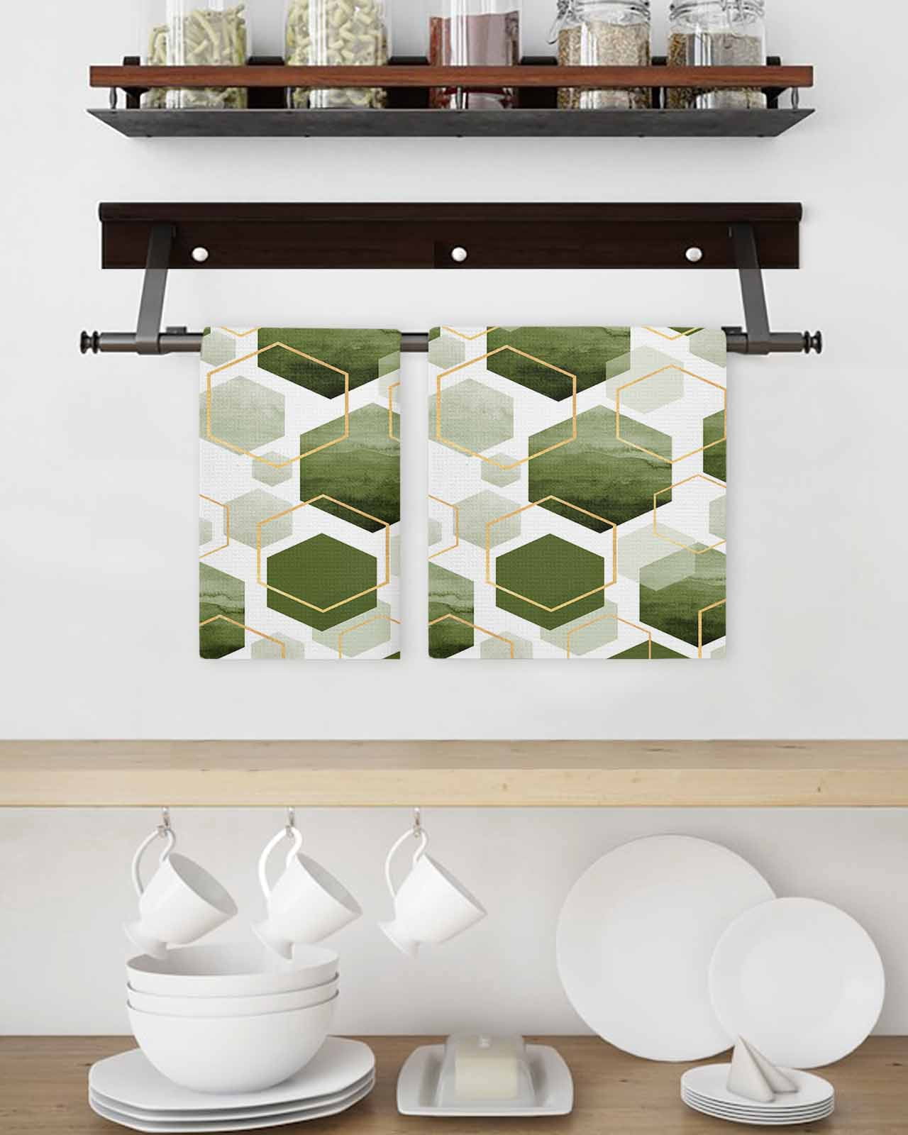 Sage Green Marble Kitchen Dish Towels for Drying Dishes Set of 2, Gold White Geometric Hexagon Modern Waffle Weave Microfiber Hand Tea Bathroom Towels Quick Dry & Absorbent Towel 15.7x23.6