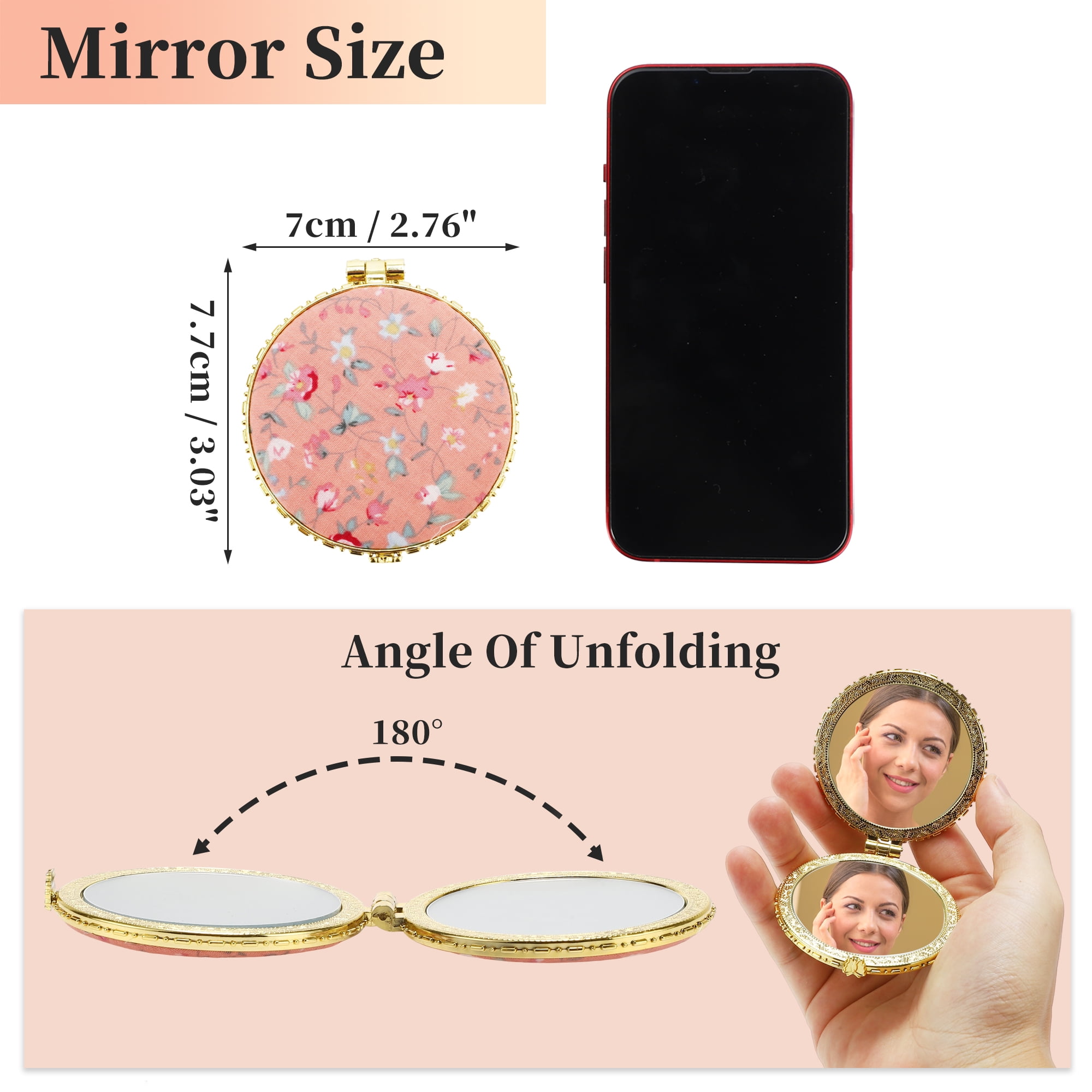 Unique Bargains Round Mini Floral Mirror for Women Purses Pocket Pink