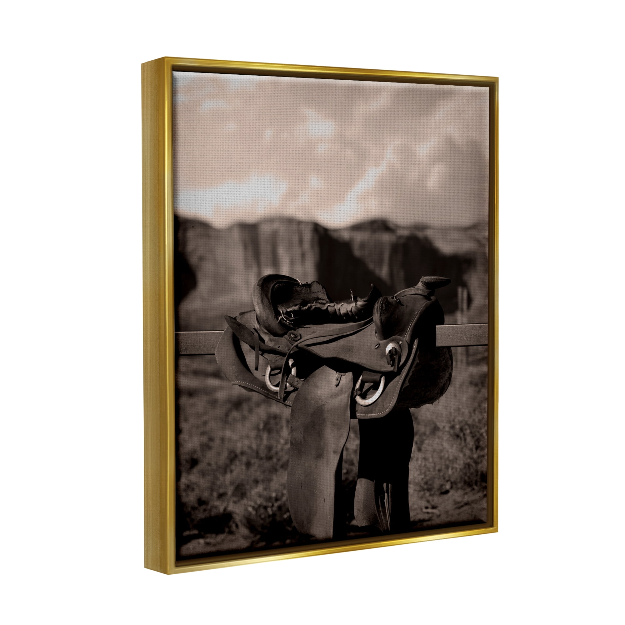 Stupell Industries Horse Saddle in Desert Landscape Photography Gold Floater Framed Canvas Art Print Wall Art, 25 x 31
