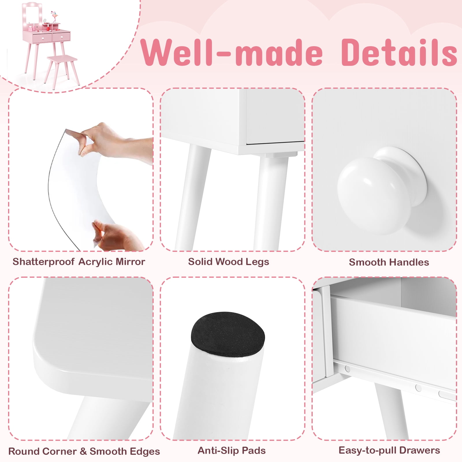 Arlopu Kids Vanity Table & Stool Set, Wooden Makeup Table and Chair Set with Storage Drawer, LED Lights & Mirror