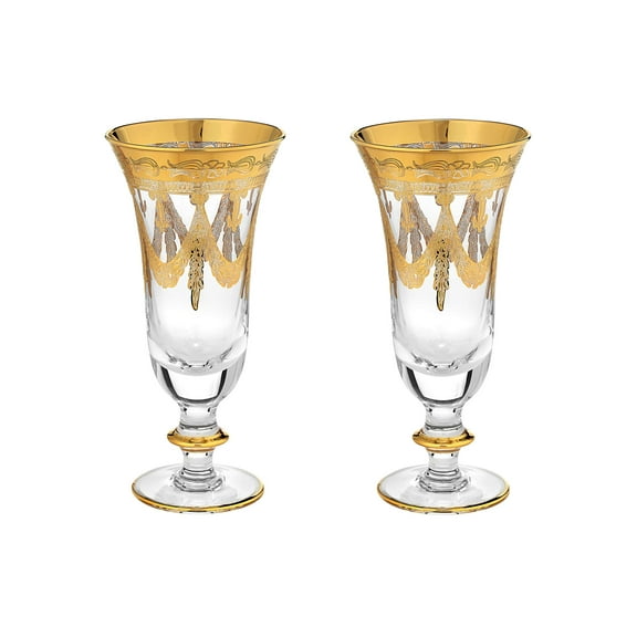 Interglass Italy Crystal Champagne Flutes, Vintage Design 24kt Gold Hand Decorated Luxury Glasses, Set of 2