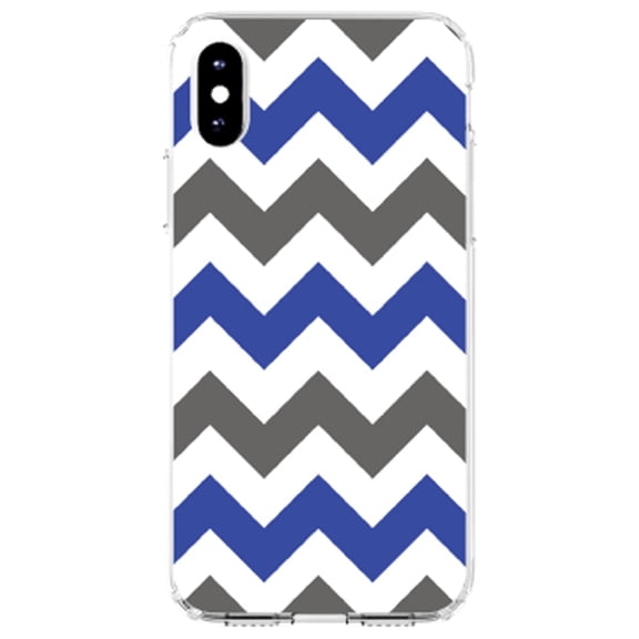 DistinctInk Clear Shockproof Hybrid Case for iPhone XS Max (6.5" Screen) - TPU Bumper, Acrylic Back, Tempered Glass Screen Protector - Blue Grey Chevron Stripes - Chevron Stripes Pattern