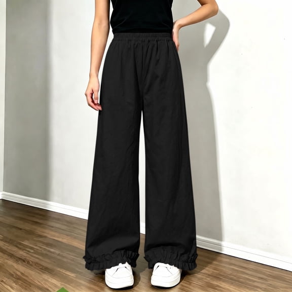 LvhaoGJOB Kids' Wide-Leg Pants - Soft, Elastic Waist & Pockets - Black 9-10 Years