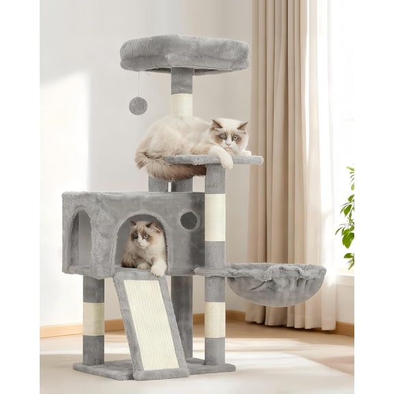 Cat Tree, 41.3" Cat Tower for Indoor Kittens with Scratching Board and Posts, Multi-Level Cozy Cat Condo with 2 Perches, Hammock, Balls, Light Gray