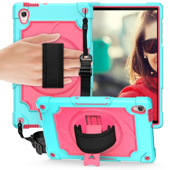 Allytech Case for Lenovo Tab M10 HD 2nd Gen (TB-X306X) / Smart Tab M10 HD 2nd Gen (TB-X306F) 10.1" 2020 Released, Heavy Duty Shockproof Cover Case with Hand Strap Rotating Kickstand,Aqua/Rose