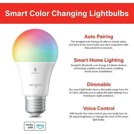 Sengled - Smart A19 LED 60W Bulb Bluetooth Mesh Works with Amazon Alexa (4-Pack) - Multicolor
