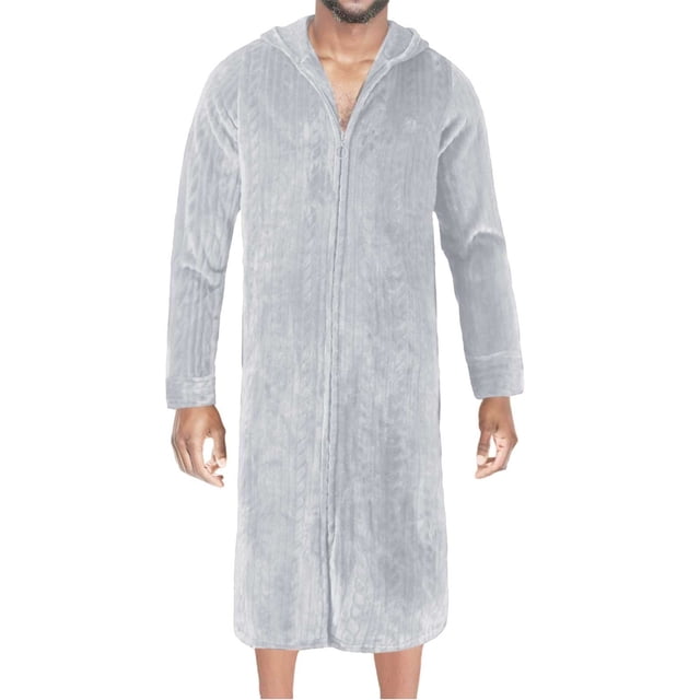 QHFBli Men's Fuzzy Bath Robe, Plush Long Zip Front Flannel Bathrobe Loungewear Soft Warm Cozy Spa Shower Robe for Winter