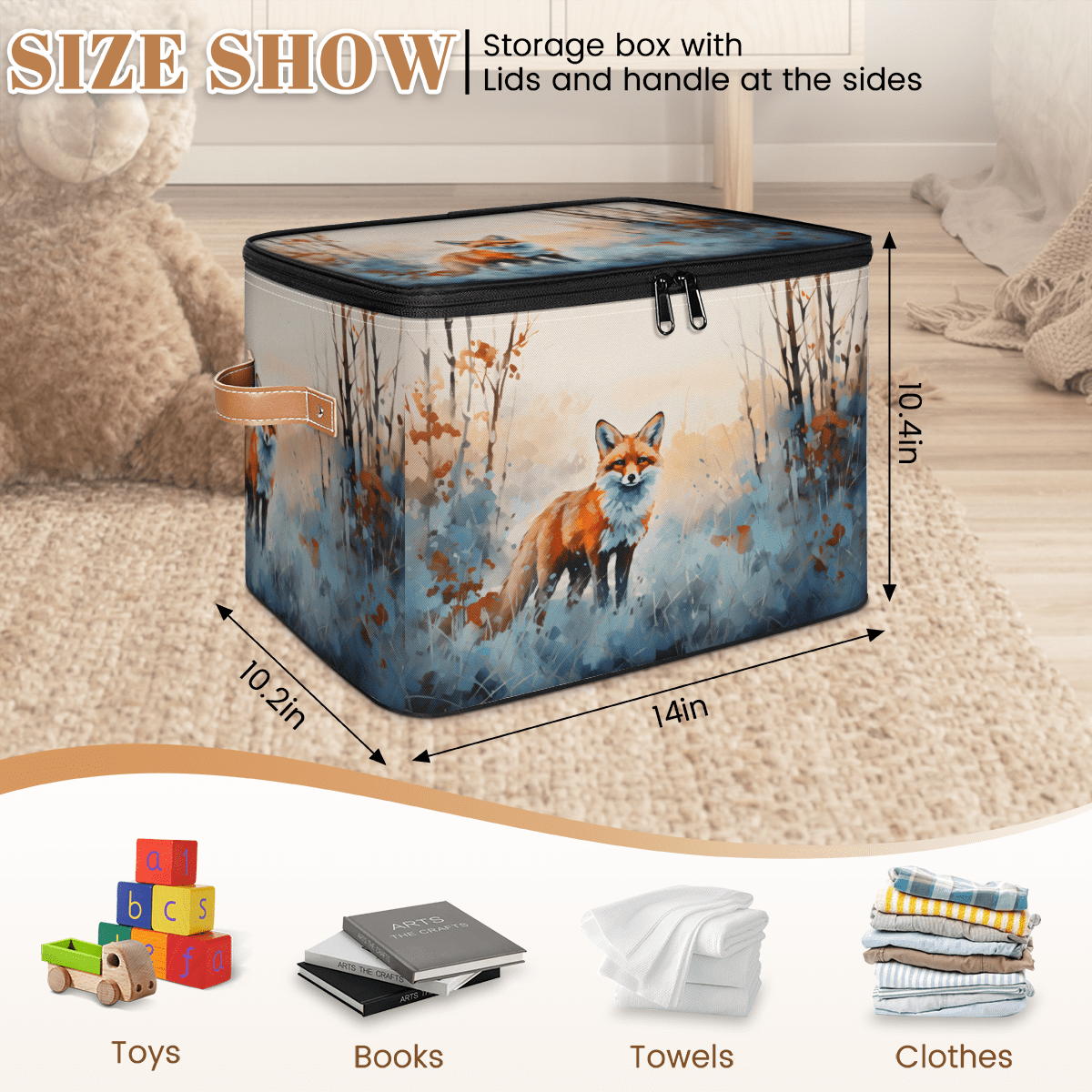 CURLYOOT Watercolor Fox Storage Bin with Zipper Lid, Fabric Decorative Lidded Storage Baskets Boxes, Foldable Organizer Container Basket for Bedroom Closet Shelf