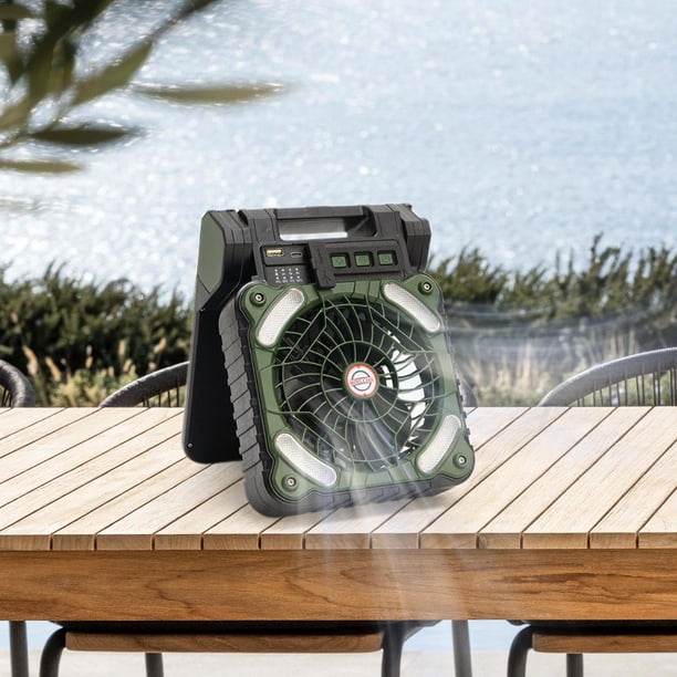 Ventilador de Camping con linterna LED, ventilador para tienda, ventilador con iluminación LED con energía Solar, ventilador de escritorio para acampa Verde