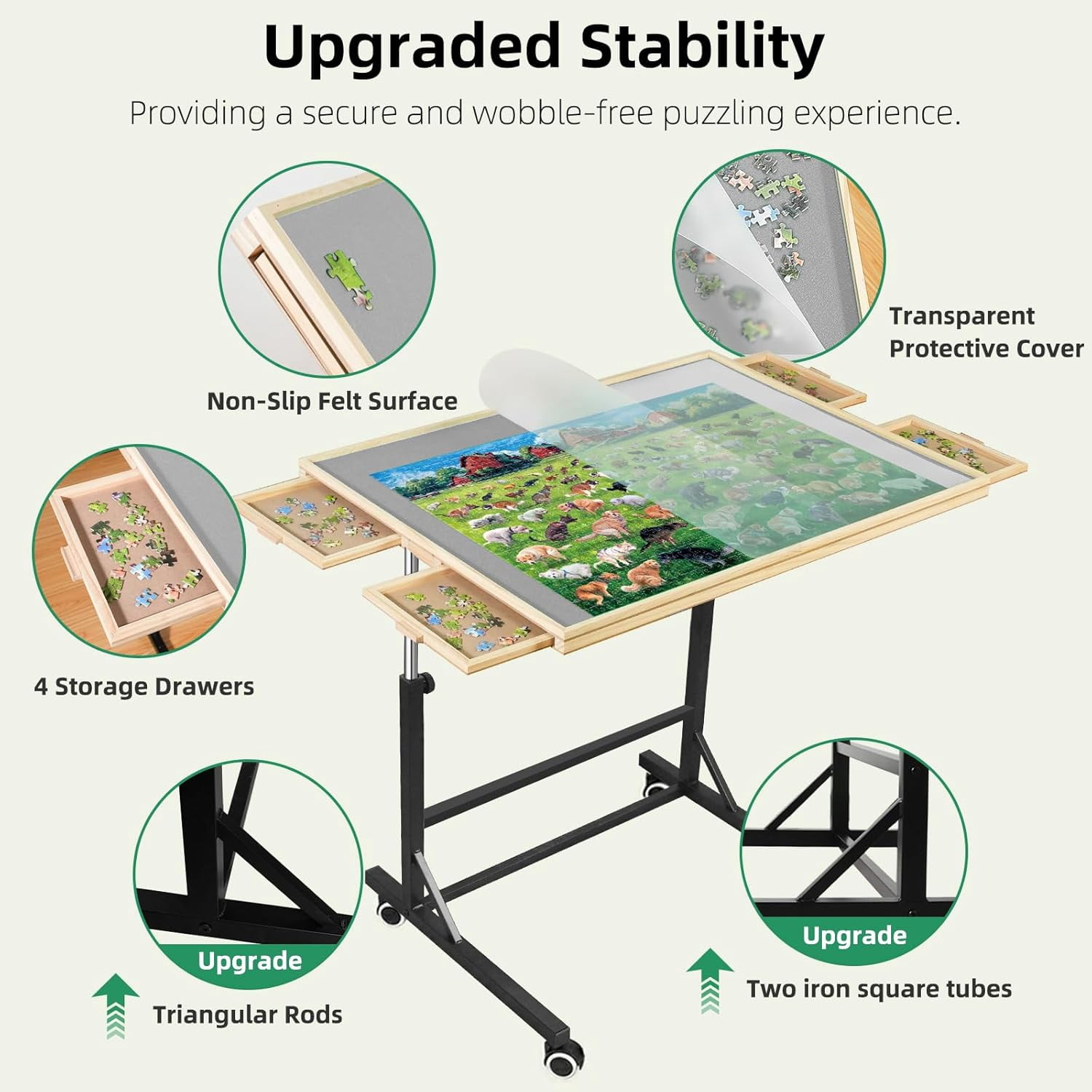 1500 Pieces Puzzle Table with Legs and Wheels, Wooden Jigsaw Puzzle Table with 4 Drawers & Cover,Upgraded Stability & Optimized Lightweight Design,Vertical Placement Option