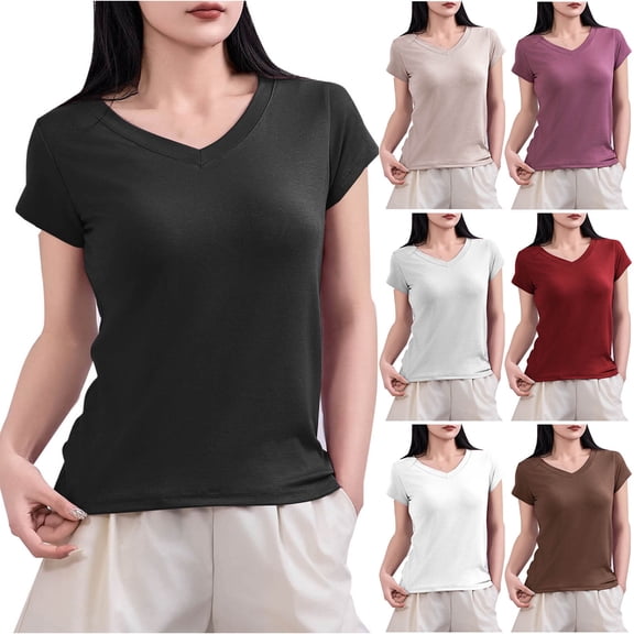 Fengqque Womens Basic T Shirts Summer Tops,Womens V Neck Tees Casual Summer Solid T Shirts Short Sleeve Tops Women's Tops White XL(XL)