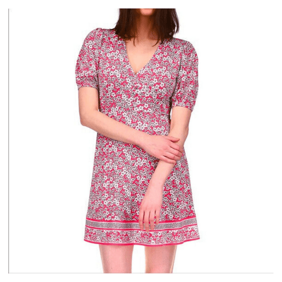 Michael Kors Womens Puff Sleeve Floral Border Empire Waist Dress, Rose Pink, XL