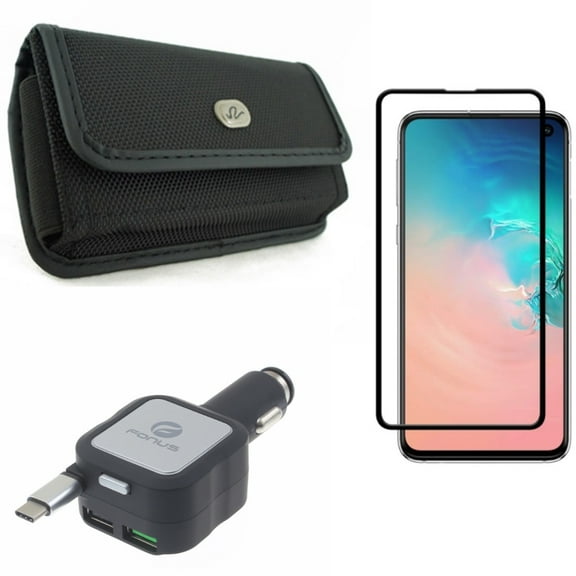 Galaxy S10e Case Belt Clip w Car Charger w Screen Protector - Rugged Holster Canvas, Retractable 4.8Amp Type-C, Tempered Glass 5D Curved Edge for Samsung Galaxy S10e Phone