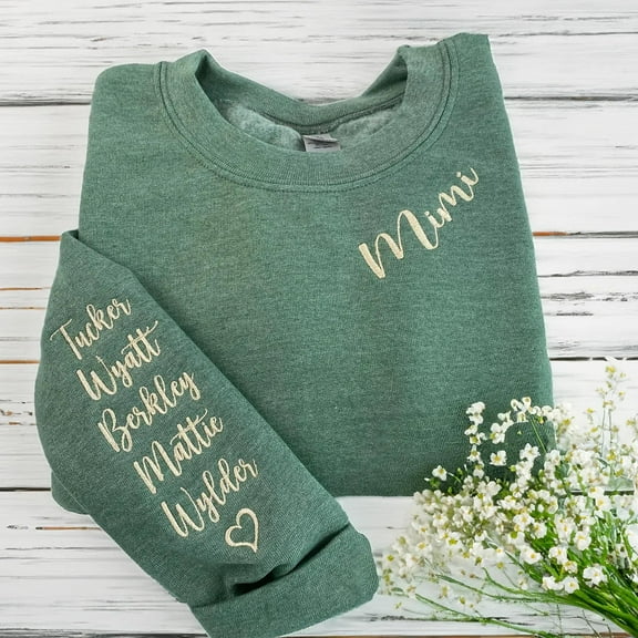 Custom Embroidered Mimi Grandma Gigi or Any Text on Neckline Sweatshirt, Names on Sleeve, Gift for Mom Momma Nana, Unisex Sweatshirt-LINH