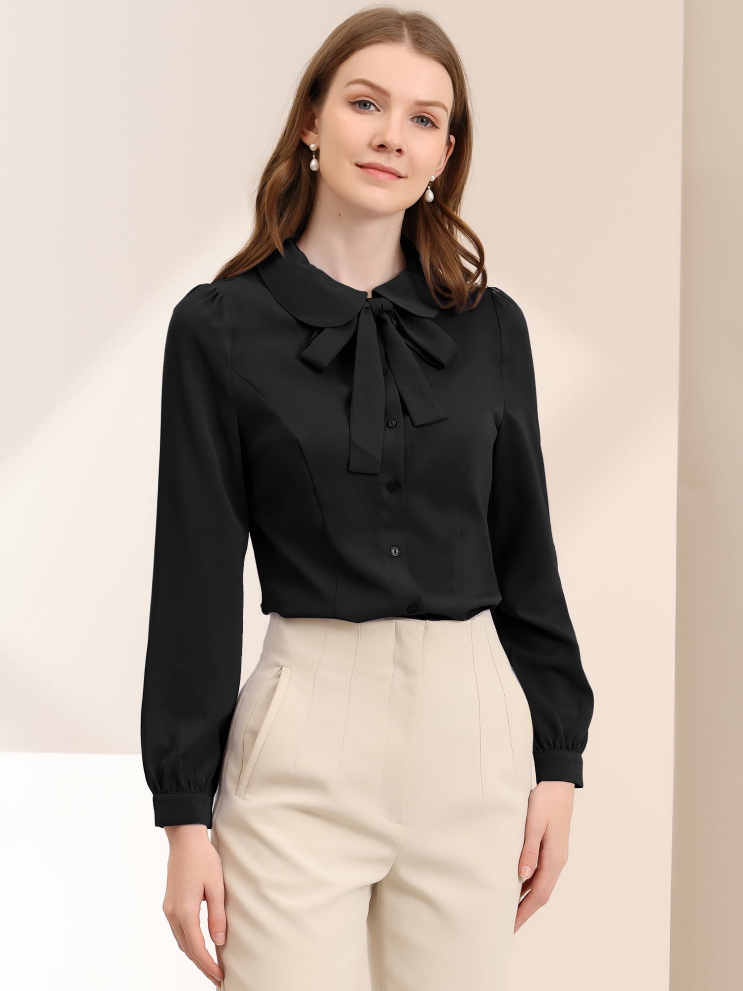 DARING DIVA Pan Collar Bow Tie Neck Work Office Shirt XL Black