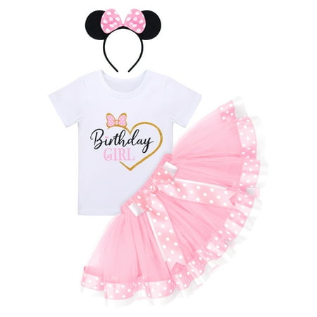 

IBTOM CASTLE Toddler Girls Birthday Outfit Polka Dots Tops Tutu Skirt Mouse Ears Headband Cake Smash Leisure Set (3-Piece 3-5T)