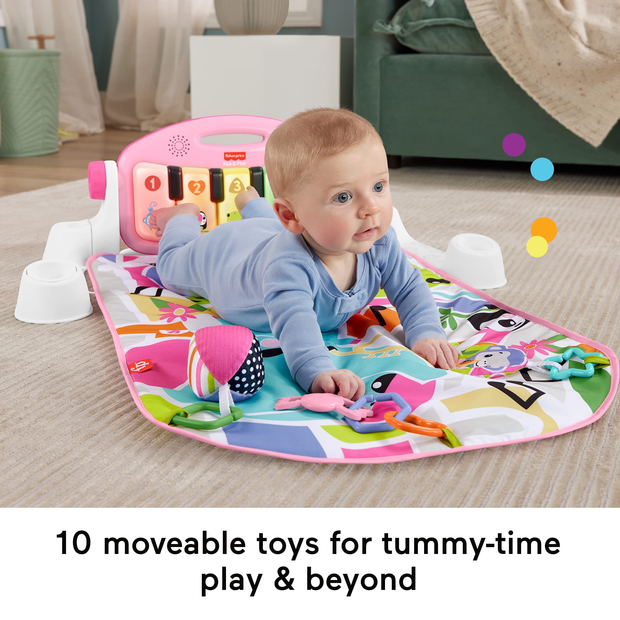 Fisher-Price Glow and Grow Kick & Play Piano Gym Baby Playmat with Musical Learning Toy, Pink