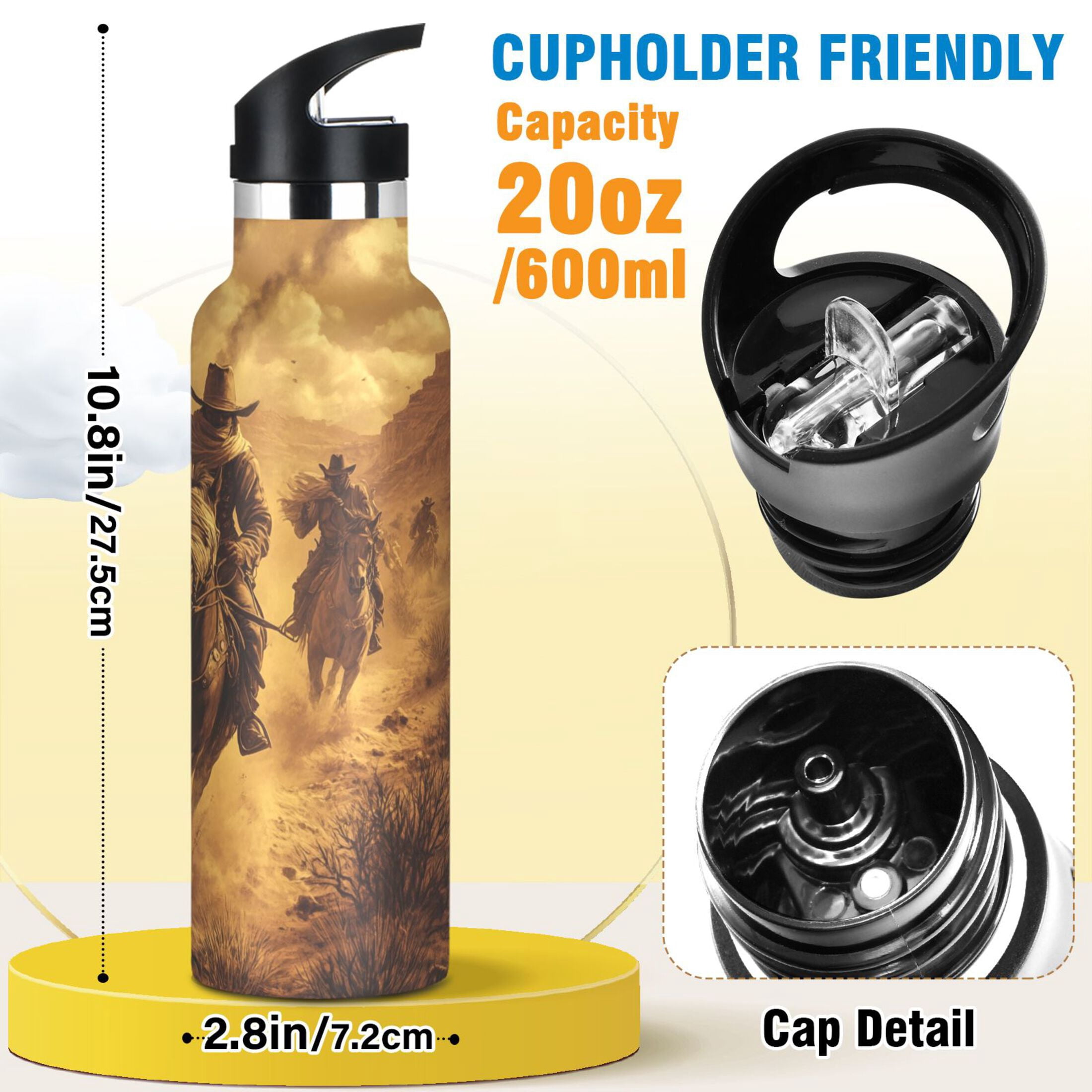 600ML Stainless Steel Insulated Cup Sports Water Bottle Portable Thermos Cup Water Glasses Insulated Tumblers Convenient and Durable Riding Cowboys