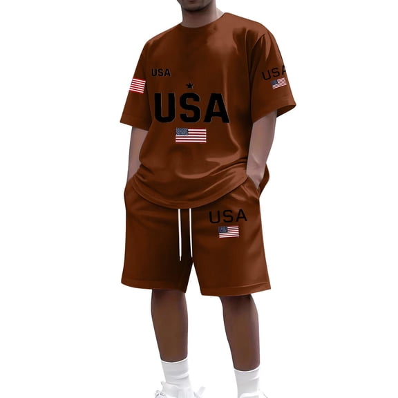 Fabrcox Men Short Sets Outfits 2 Piece Casual 250 anniversary USA Flag Print Short Sleeve Shirts and Shorts Sweatsuit for Men Brown 4XL