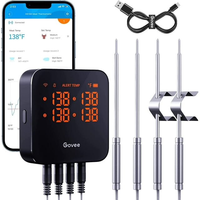 Thermomètre à Viande Sans Fil avec 4 Sondes, Thermomètre à Viande Intelligent WiFi avec Alerte de Notification d'Application à Portée Illimitée, Thermomètre Alimentaire Numérique Rechargeable Bluetooth pour Fumoir BBQ Grill Four Cuisine