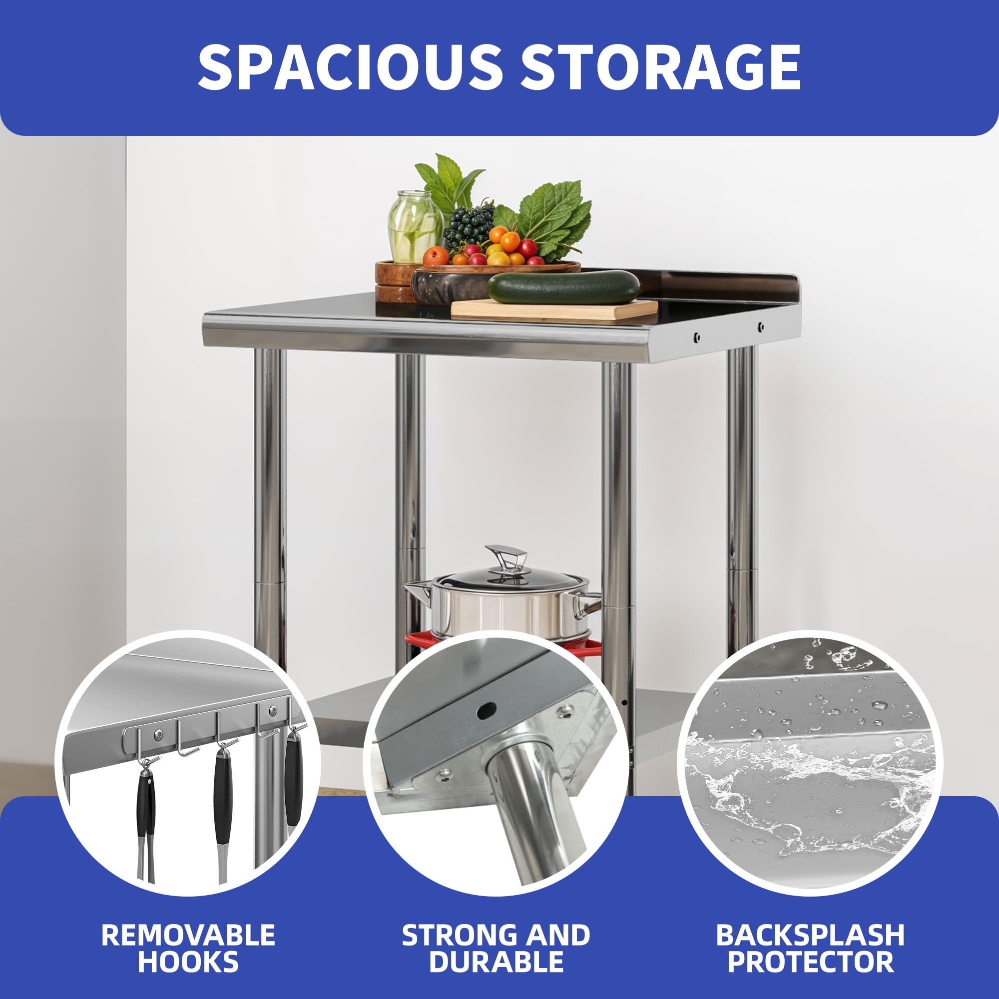 ModFusion 30" Stainless Steel Table with Hooks, Backsplash, Wheels, Adjustable Rack Shelves, Heavy-Duty Metal 840 lbs Capacity, Commercial Kitchens Workshops