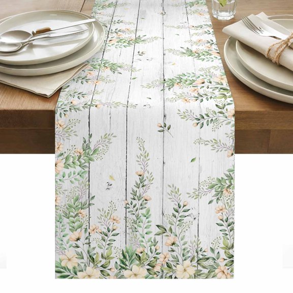 Watercolor Floral Table Runner - 36 Inch Long, Kitchen Dining Table Runner Dresser Scarves, Spring Flowers Leaves Botanical Wood Grain Farmhouse Decor for Coffee Tables Wedding Party Banquet