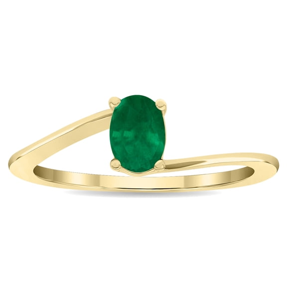 SZUL Women's Solitaire Oval Shaped Emerald Wave Ring in 10K Yellow Gold