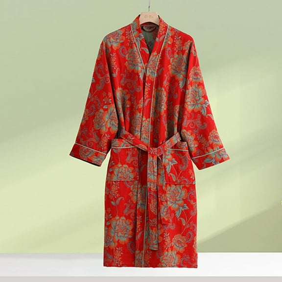 Bathrobes For Women V Neck Long Sleeve Print Nightgown Causal Loose Lightweight Comfy Home Wear With Pockets (XL, Red-B)
