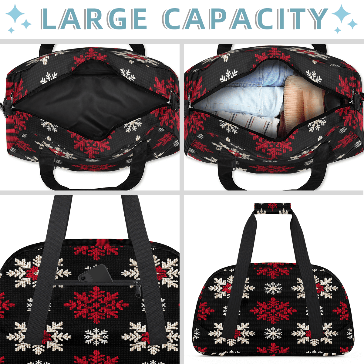 Herdesigns Sports Duffle Bags Travel Duffle Bag Gym Bag Red White Snowflakes Weekender Travel Bag Waterproof Overnight Bag Carry On Travel Tote Bag Dance Bags