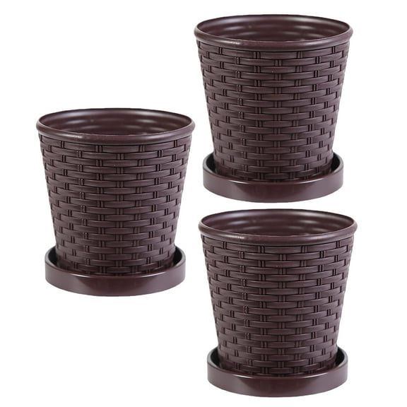 IBASETOY 3pcs Resin Flower Planters Brown Wicker Pots 5.1 X 5.3 Inches Indoor Outdoor Plant Containers with Drain Holes for Patio Garden Home Decor